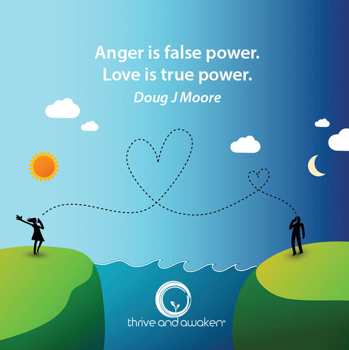Two people talking across wires that form a loop in the shape of a heart. Quote from Doug: Anger is false power, Love is true power.